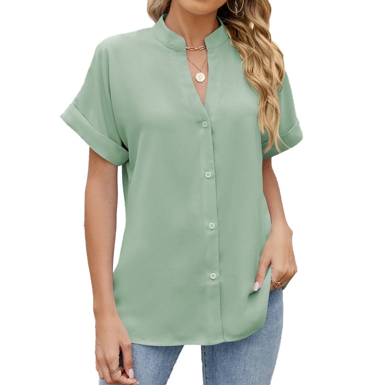 Solid Color V-Neck Short Sleeve Button Chiffon