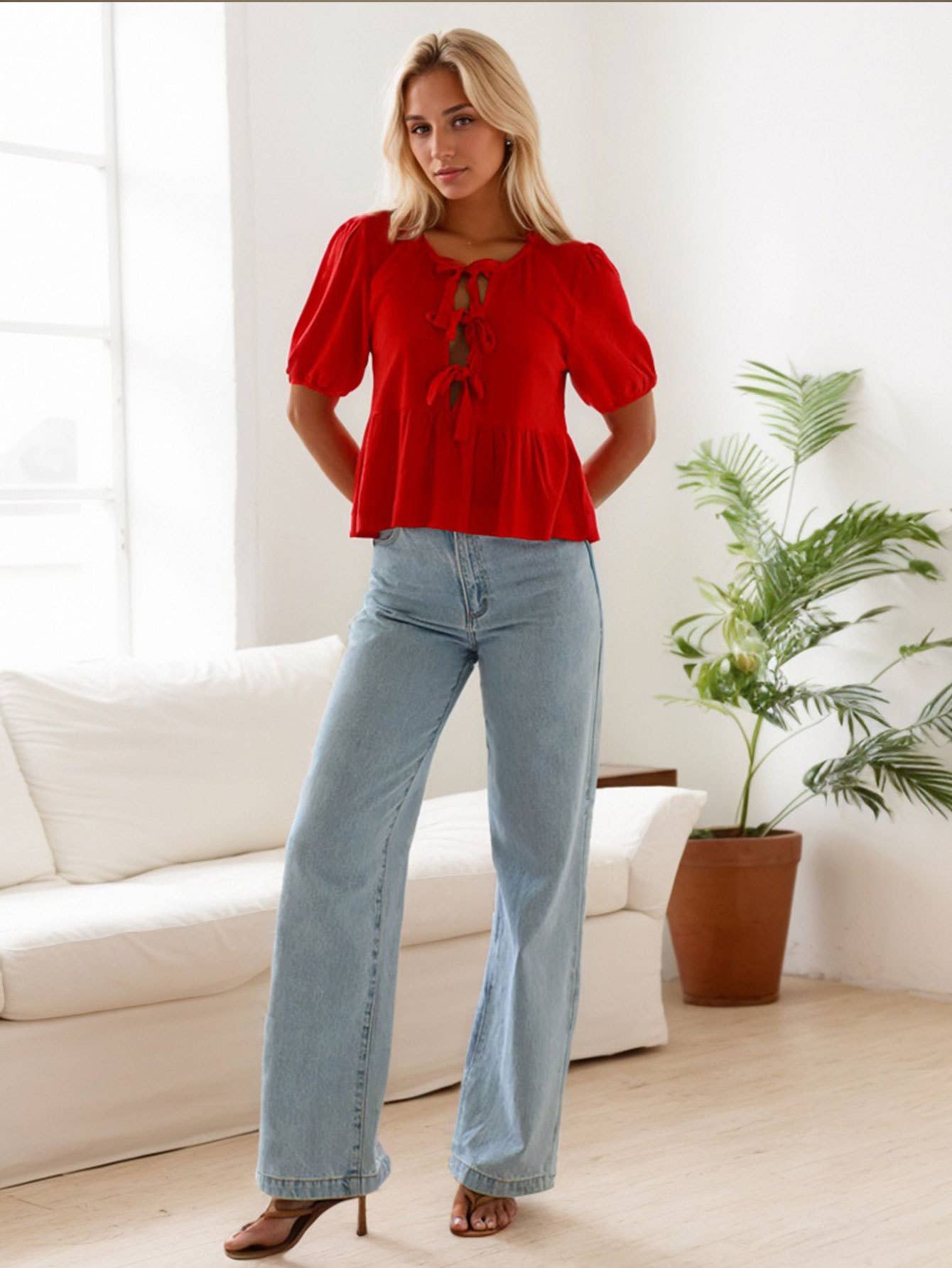 Womens Casual Loose Tie-Up Ruffle Sleeve Top