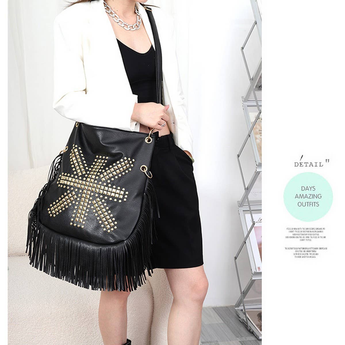 Cwab4538_Rivet Soft Leather Tassel Hand-Held Shoulder Bag