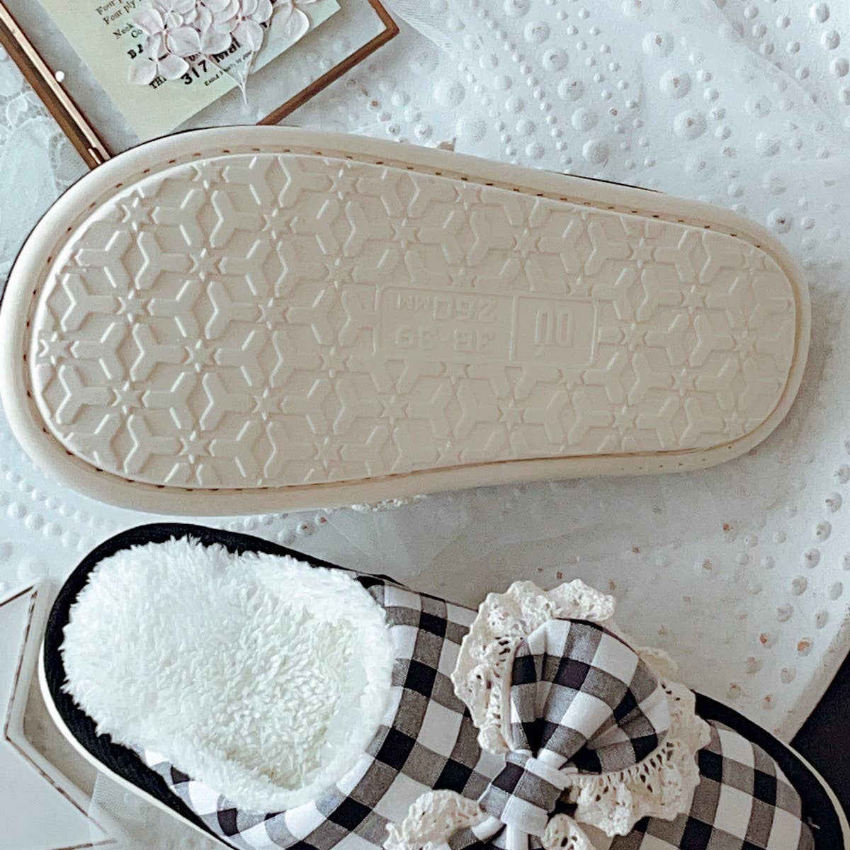 Womens Checkered Bow Non-Slip Cotton Slippers_Cwmm2962