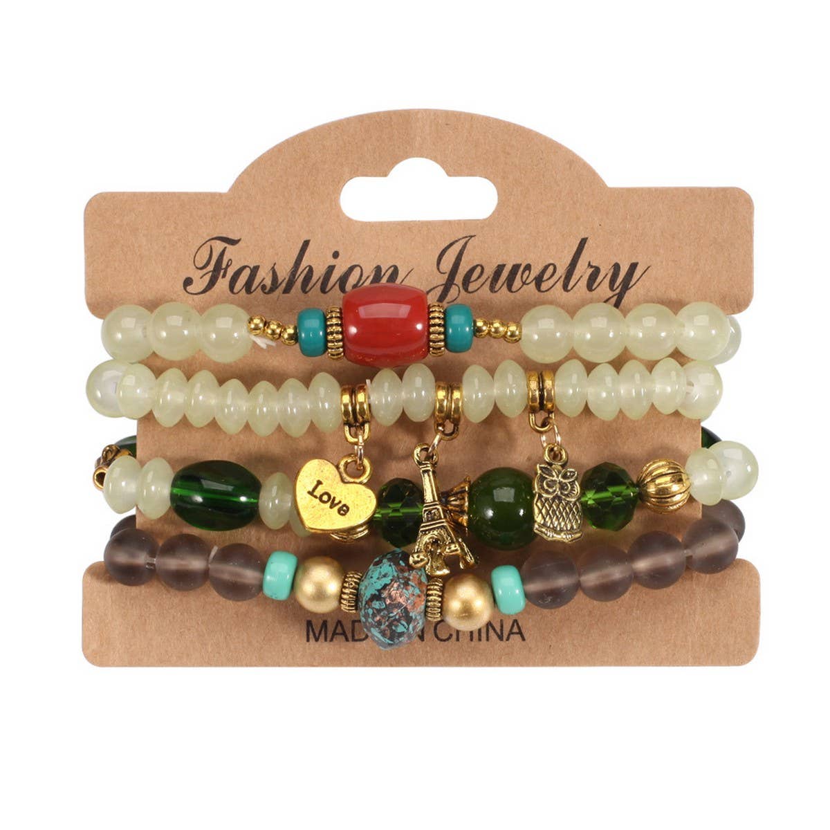 Cwaje05705_Boho Multi Layer Beaded Owl Eiffel Bracelet