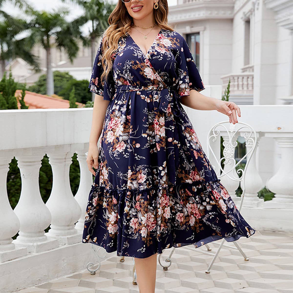 BOHO FLORAL V NECK DRESS PLUS SIZE SUMMER_CWDMD5964