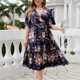 BOHO FLORAL V NECK DRESS PLUS SIZE SUMMER_CWDMD5964