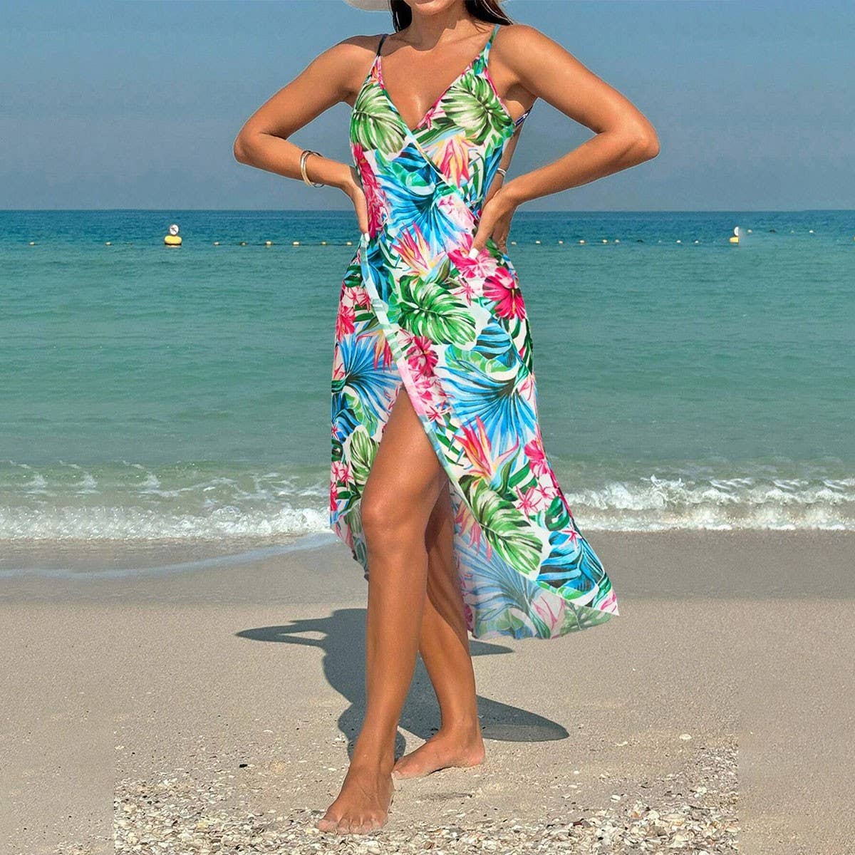 PRINTED SLING BEACH DRESS ONE PIECE VACATION WEAR_CWBLS0474