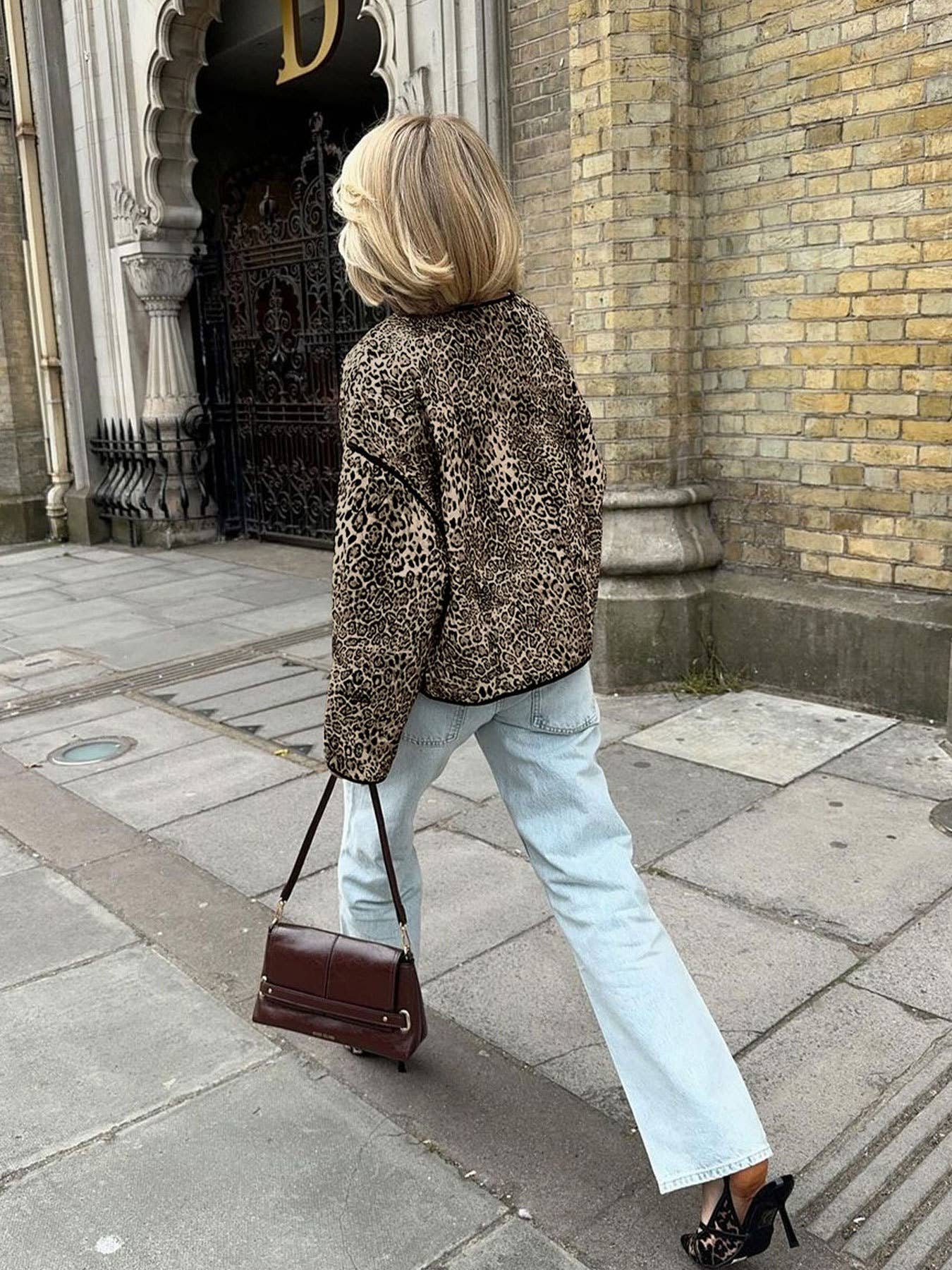 Vintage Leopard Print Crew Neck Cropped Cardigan Jacket