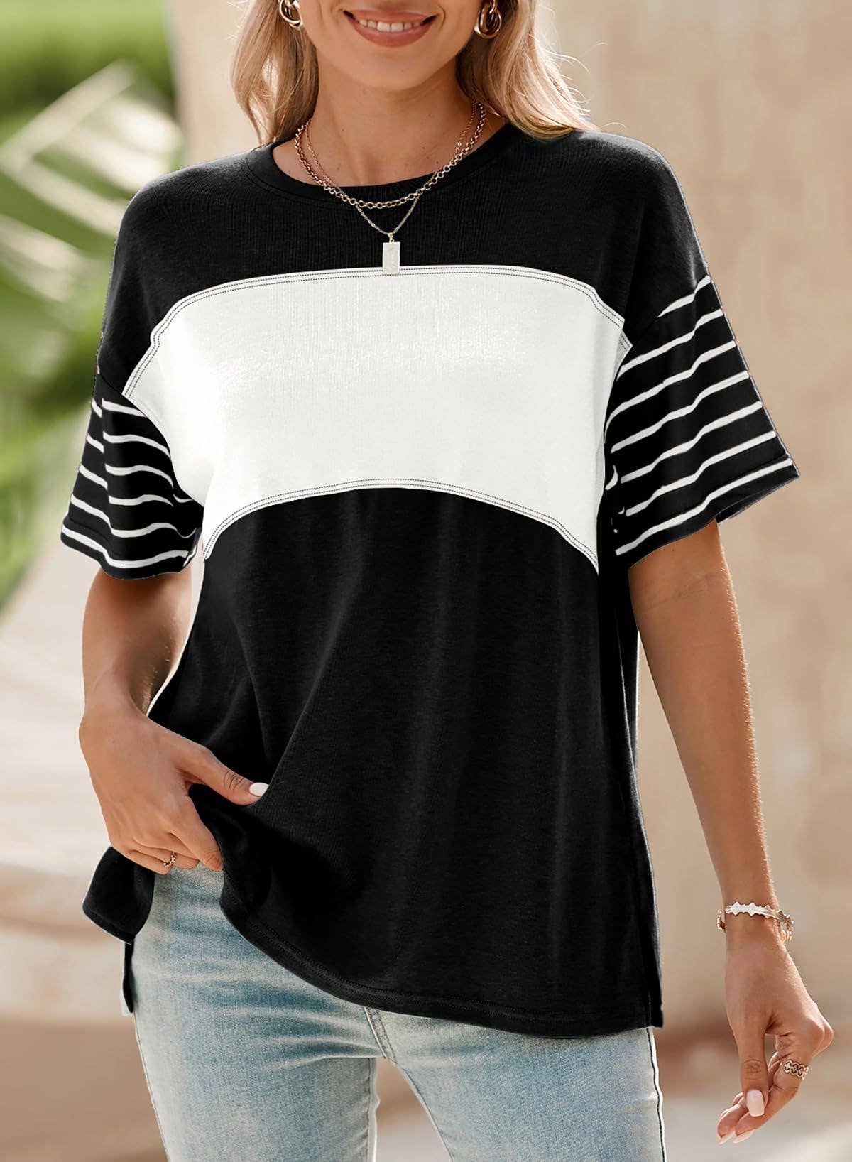 Womens Colorblock Striped Crew Neck Tee