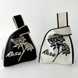 Black And White Rose Knitted Shoulder Tote Bag_Cwab1518