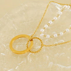 Cwaje1960_Vintage Pearl Double Chain Love Circular Necklace