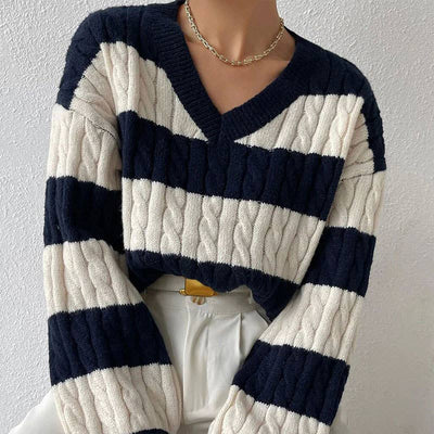 Pullover V-Neck Twist Striped Color Sweater