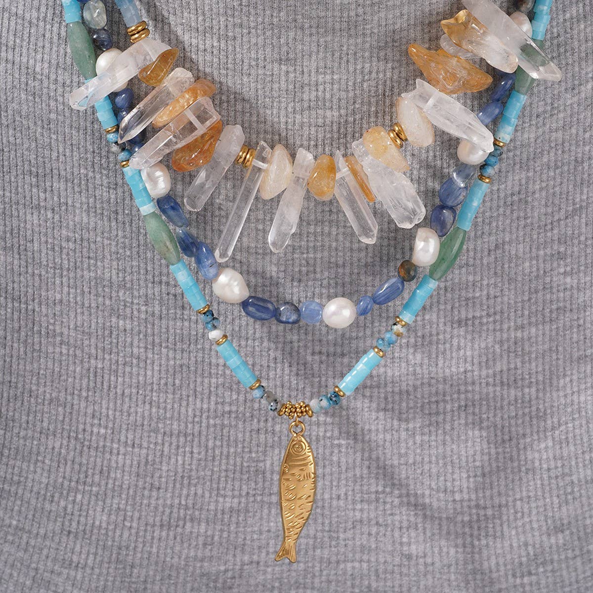 STAINLESS STEEL FISH PEARL NATURAL STONE NECKLACE_CWMM7543