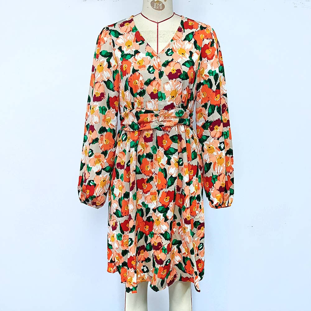 V Neck Floral Long Sleeve Dress With Waist Tie