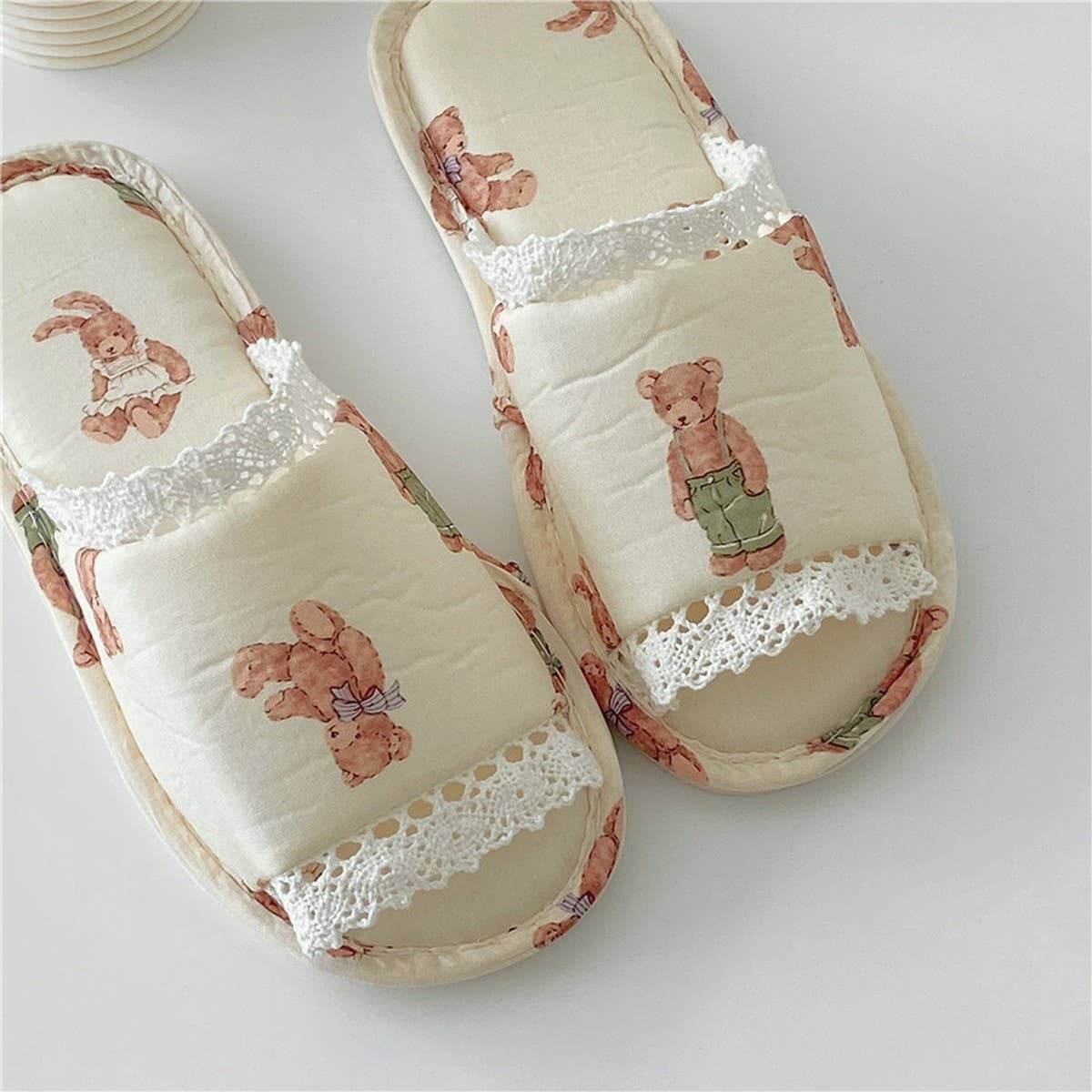 Vintage Lace Rabbit Bear Open Toe Home Slippers_Cwmm2978