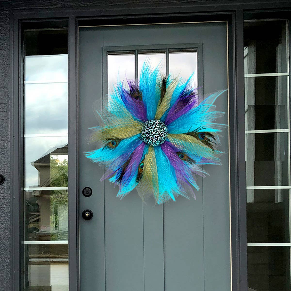 PEACOCK FEATHER RIBBON WREATH DOOR HANGING_CWAJE05389