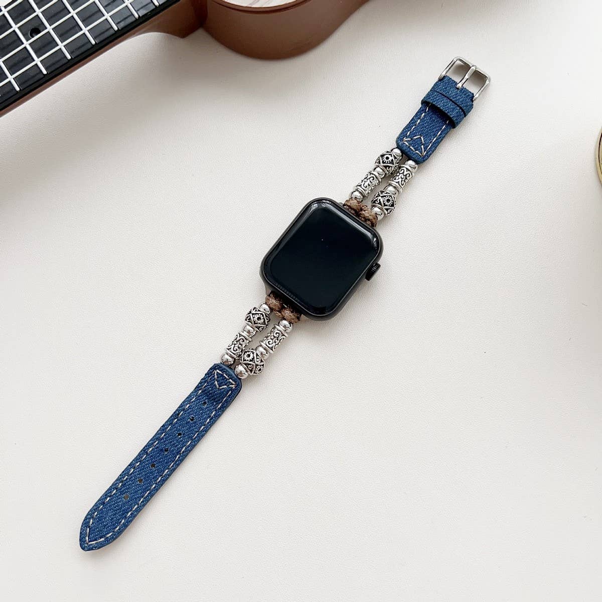 IWATCH9 1 TIBETAN SILVER DENIM LEATHER STRAP_CWWW0069