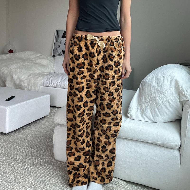Street Plush Leopard Print Lace-Up Pants
