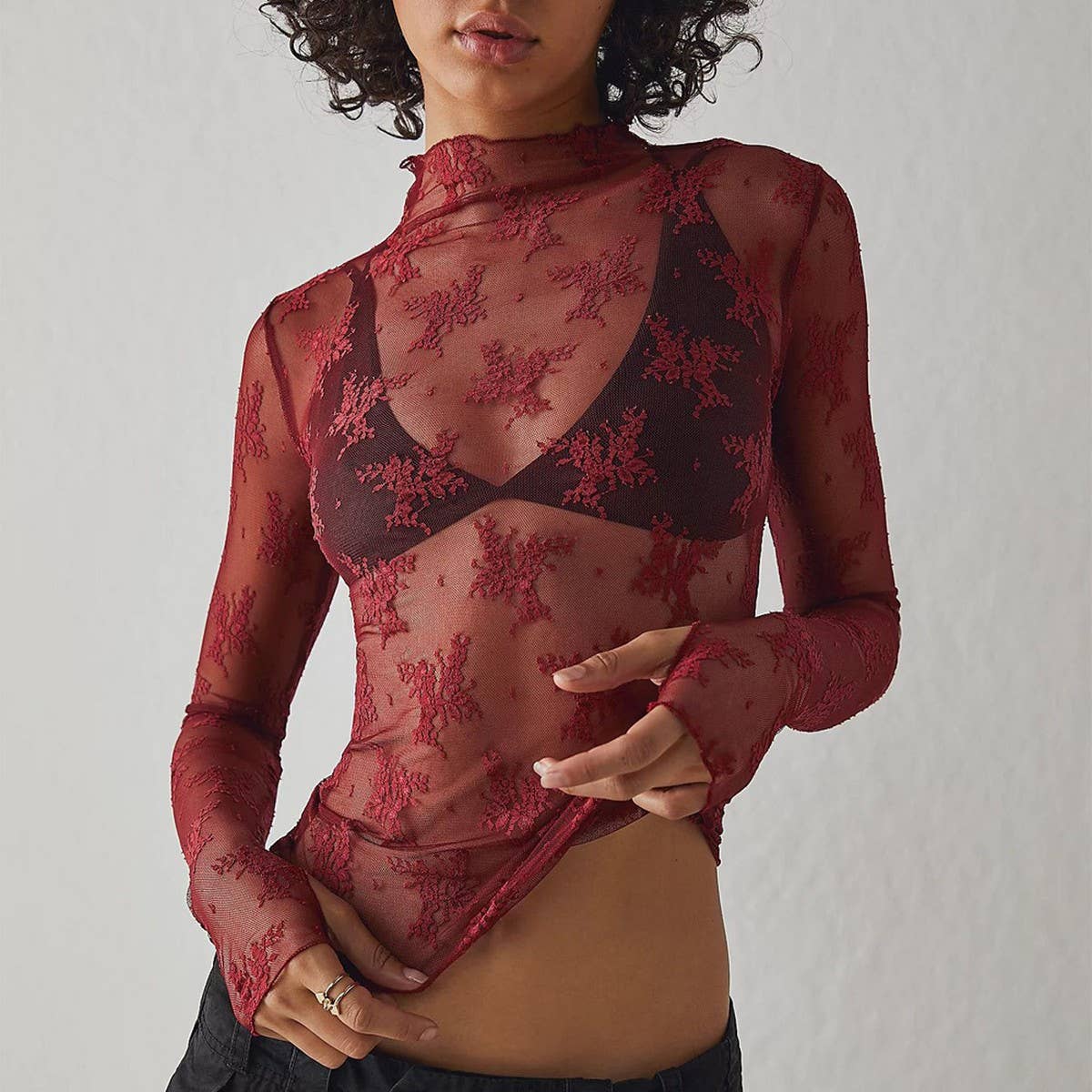 SEMI SHEER MESH LACE TOP BOTTOMING SHIRT_CWTBLL2660