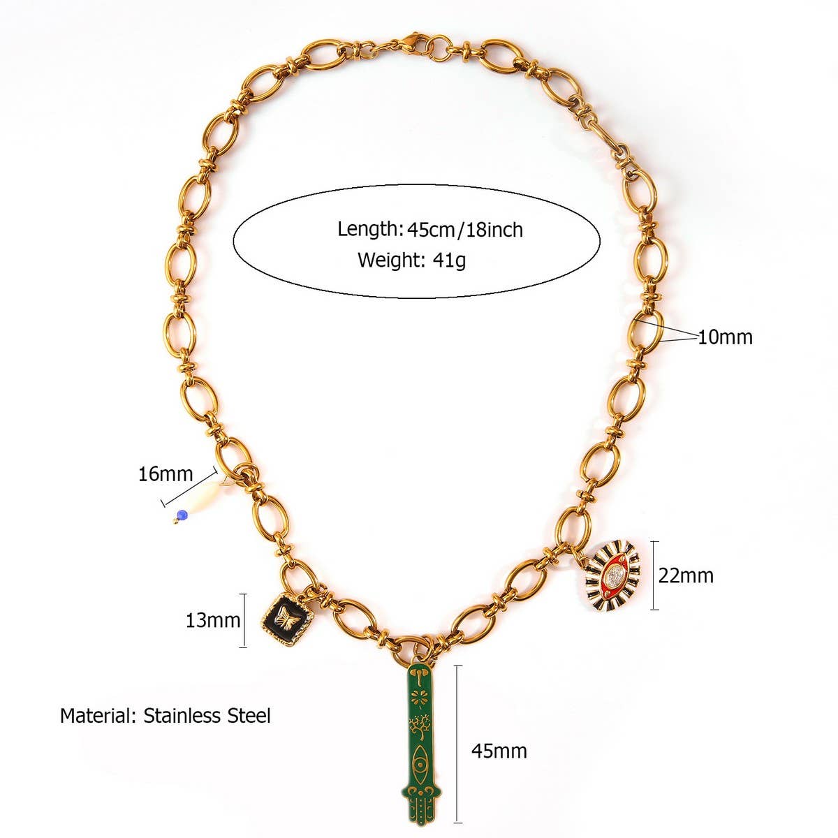 18K STEEL FATIMA HAND NECKLACE WITH FISH EYE_CWMM8859