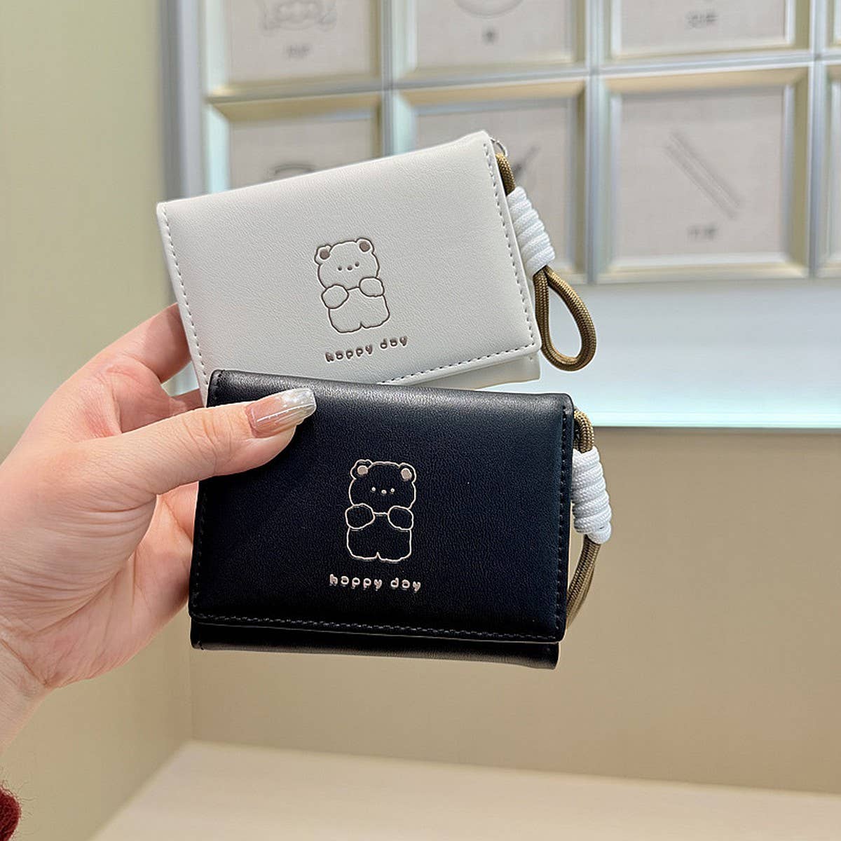 Cute Bear Print Wallet With Strap For Students_Cwab06241