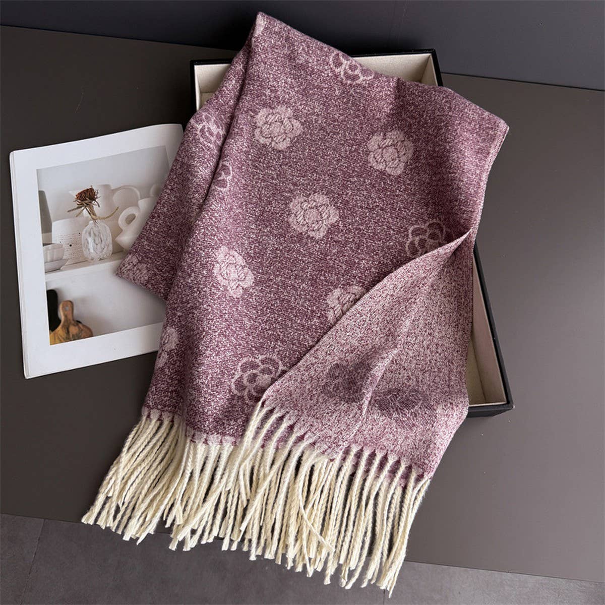 Elegant Camellia Cashmere Feel Tassel Scarf Wrap_Cwasc03244