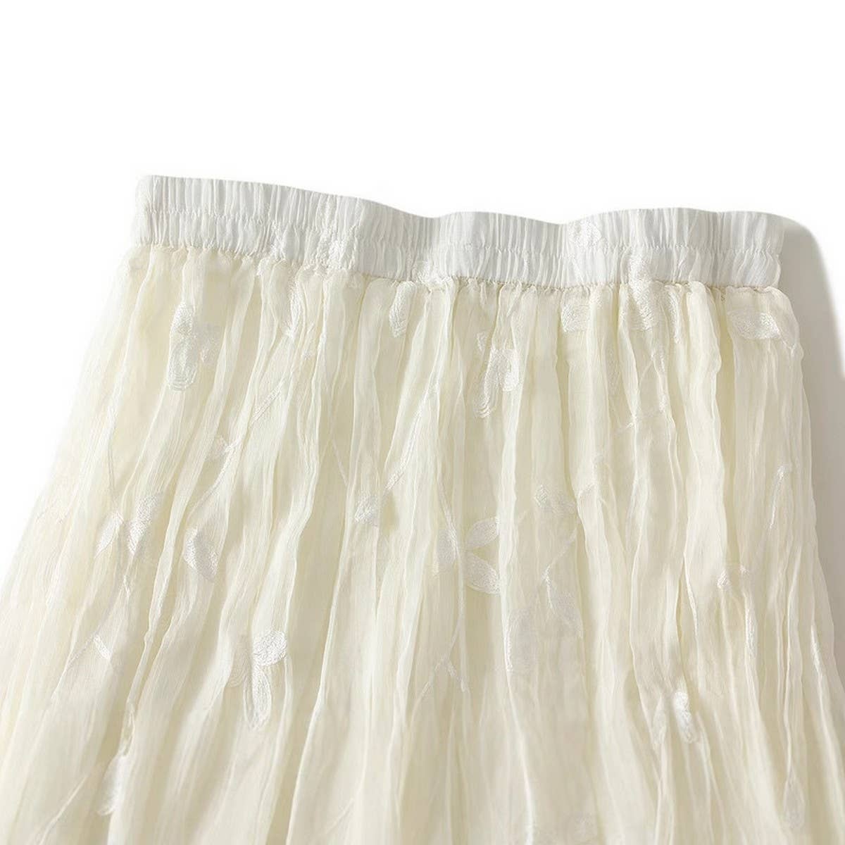 EMBROIDERED LACE A LINE FLARED MIDI SKIRT_CWBMS0359