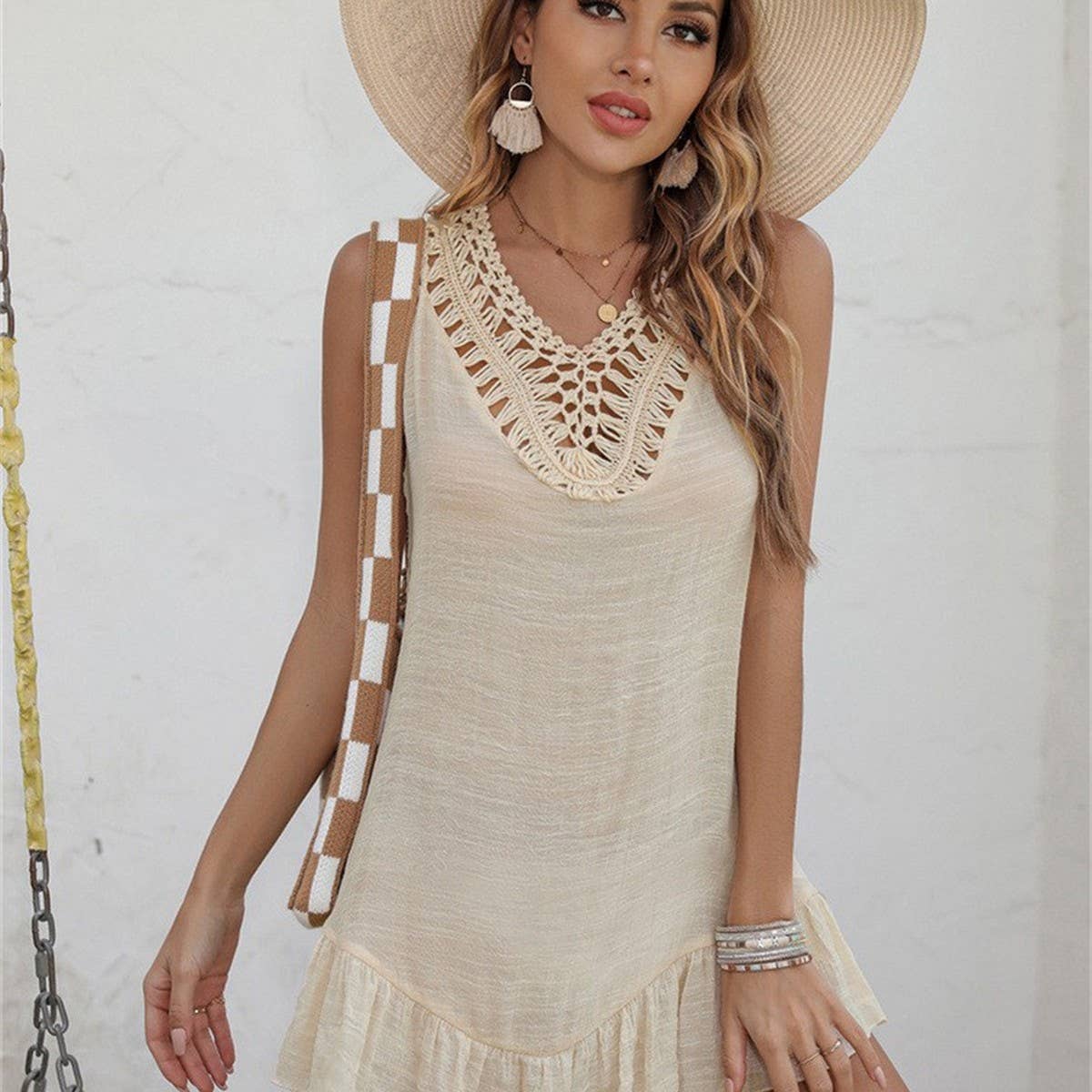SLEEVELESS FRINGE BEACH SWIMSUIT COVER UP_CWASC2380