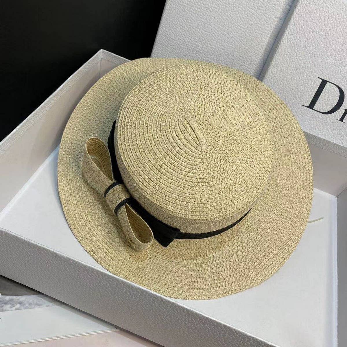 FEDORA STRAW HAT SIMPLE BOW FLAT TOP ELEGANT WOMEN_CWAH1155