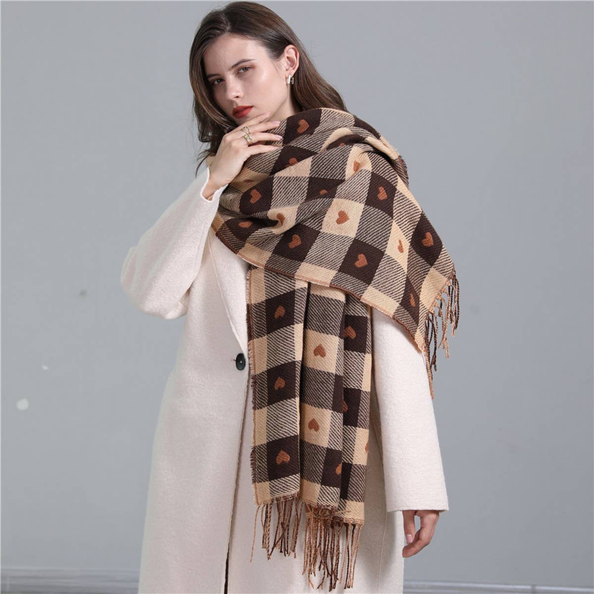 PLAID SCARF HEART COLORBLOCK TASSEL WINTER SHAWL_CWASC0980