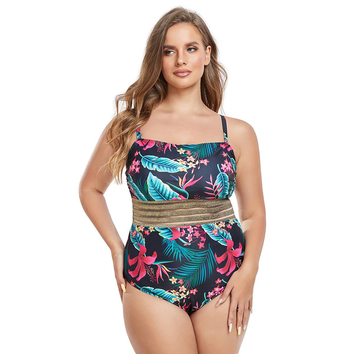 LARGE SIZE PATCHWORK ONE PIECE SWIMSUIT_CWMW0294