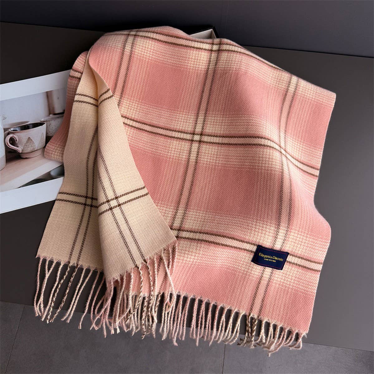 Elegant Plaid Feel Soft Winter Tassel Scarf_Cwasc03241