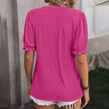 Solid Color V Neck Ear Of Wheat Short Sleeved Top_Cwtts0898