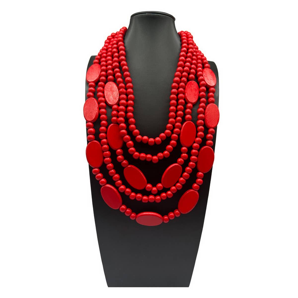 Wood Beaded Multi-Layer Red Wood Bead Necklace_Cwmm4974