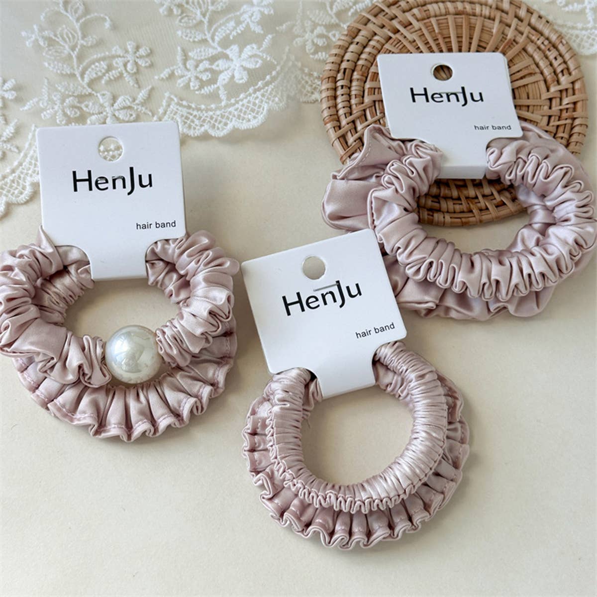 Pink Satin Bead Scrunchie Soft Hair Tie_Cwaha07599