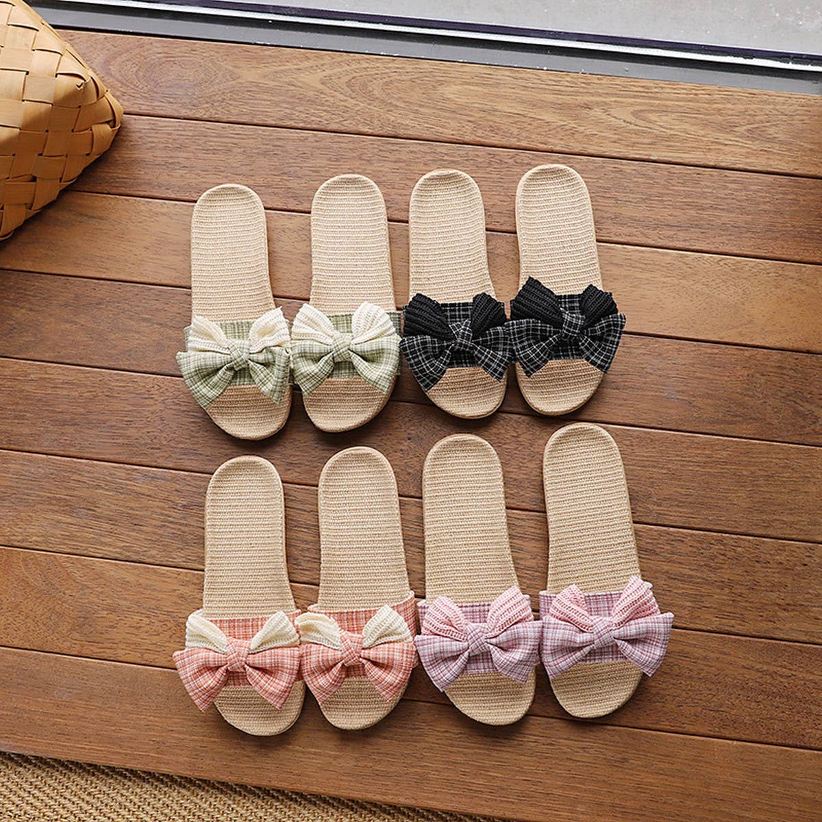 KOREAN LINEN BOW SLIPPERS SOFT SOLE NON SLIP_CWSHF0184