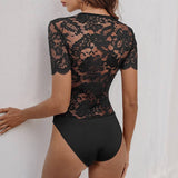 V-Neck Slim-Fit Lace Lace Patchwork Jumpsuit