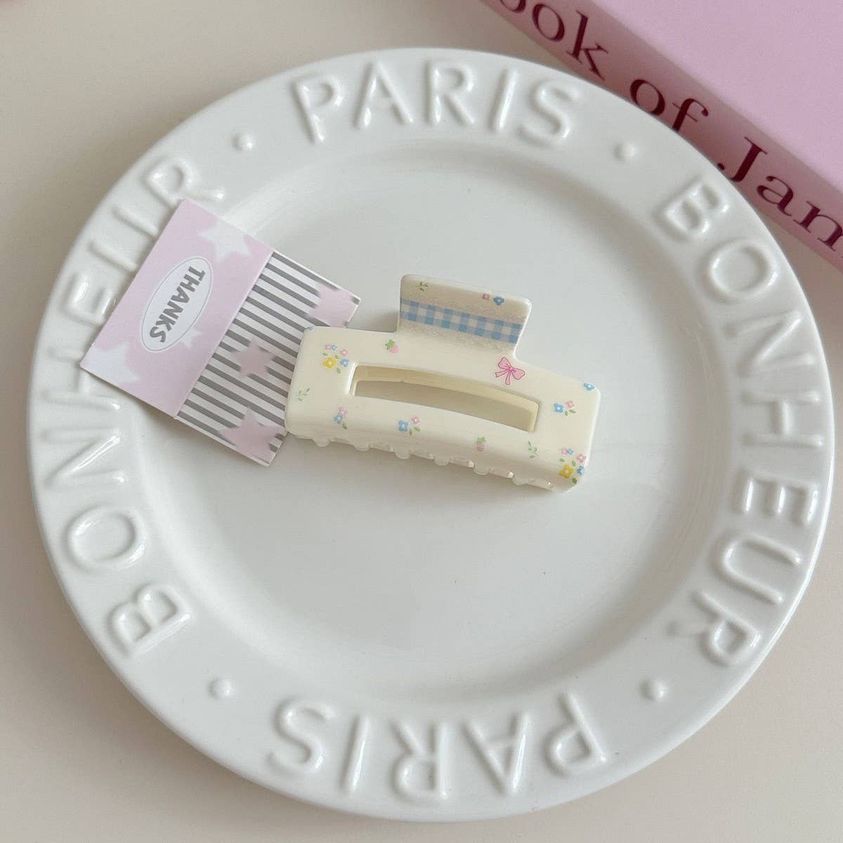 FLORAL CHECKERED BOW CLIP ACRYLIC HAIR ACCESSORIES_CWAHA3971