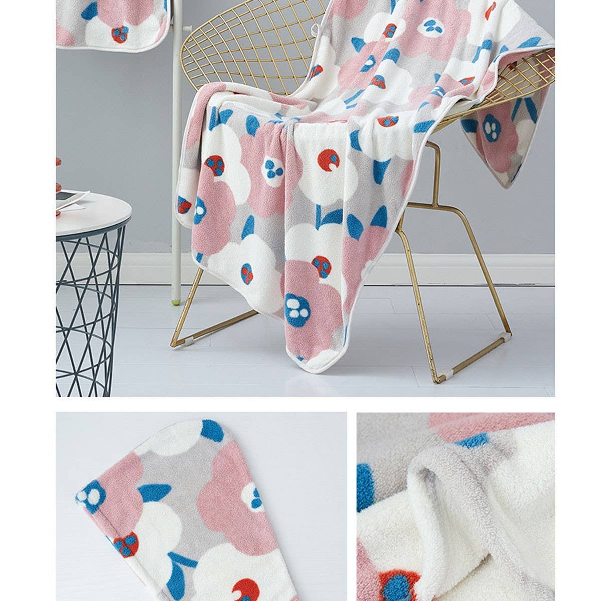 CORAL FLEECE PRINTED SHOWER CAP TOWEL BATH TOWEL_CWMM2326