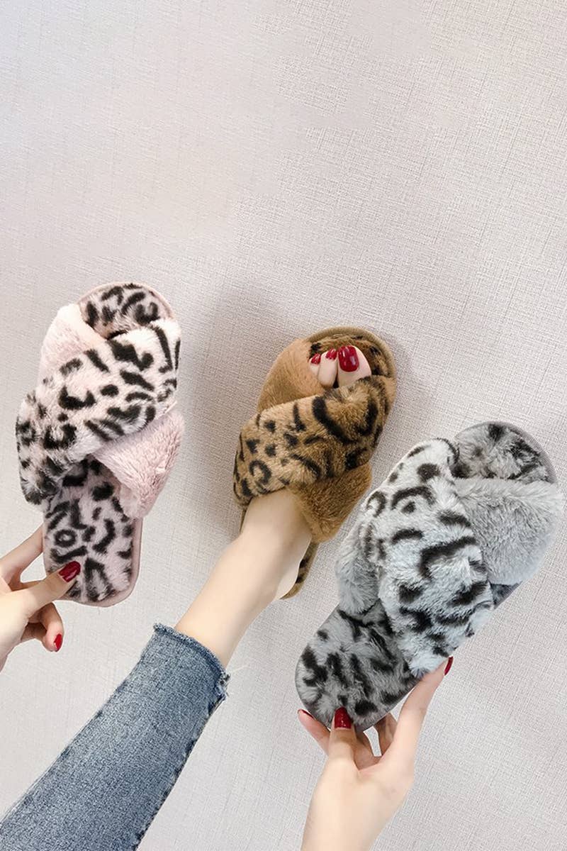 LEOPARD PATTERN CROSS FLUFFY HOME BEDROOM SLIPPERS_CWSHS0228