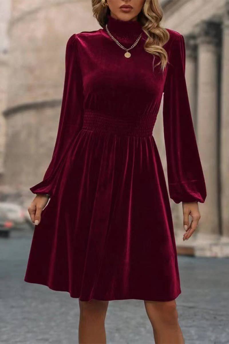 Velvet Long-Sleeved Dress With Waist Tucked