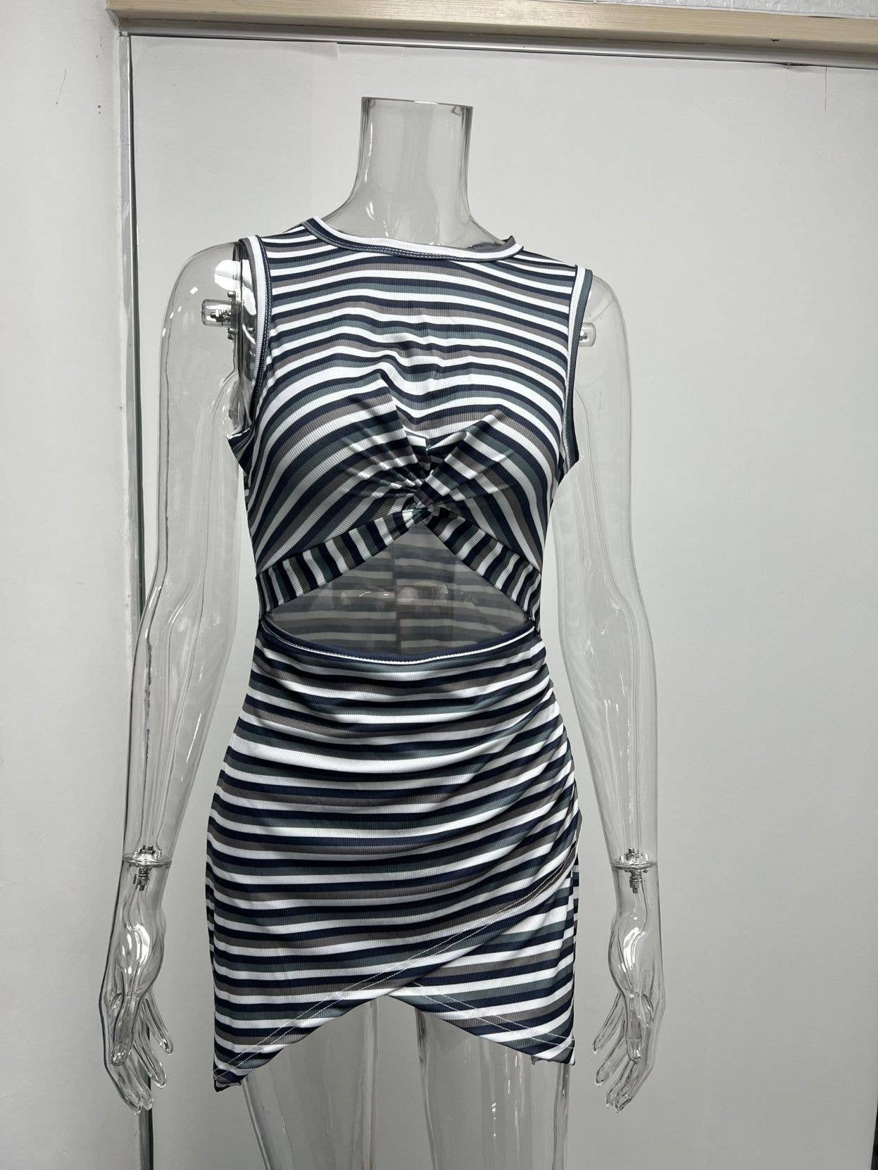 Striped Cutout Knotted Sleeveless Crop Top Dress