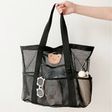 BLACK TRANSPARENT MESH HOLLOW BEACH BAG TOTE BAG_CWAB1922