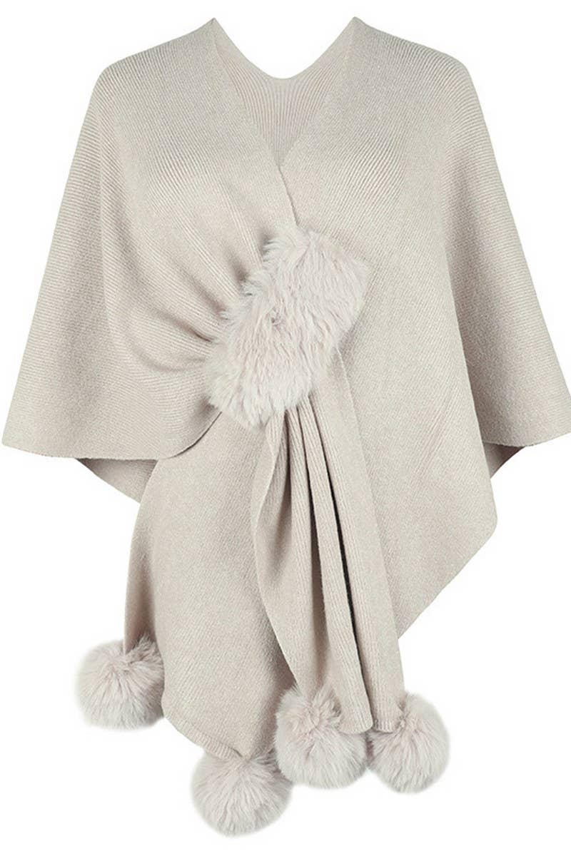 Cwocas0052_Solid Color Wool Ball Cape Knitted Shawl
