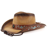 EMBROIDERED BRIM WESTERN COWBOY HAT STRAW HAT_CWAH3488