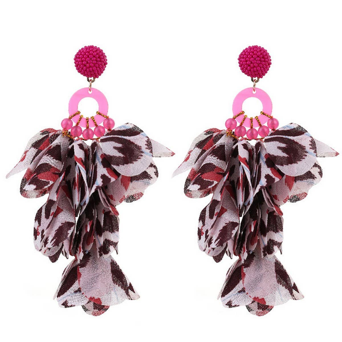 FABRIC FLOWER TASSEL EARRINGS WITH LEOPARD PRINT_CWMM6265