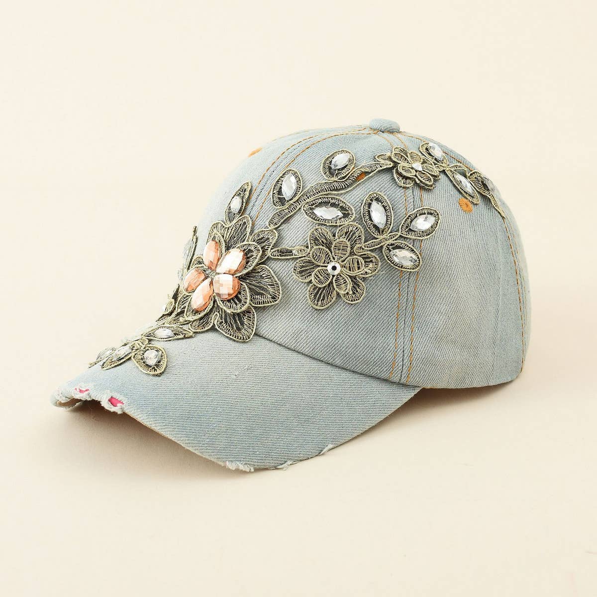 DIAMOND EMBELLISHED DISTRESSED DENIM BASEBALL CAP CWAH1390