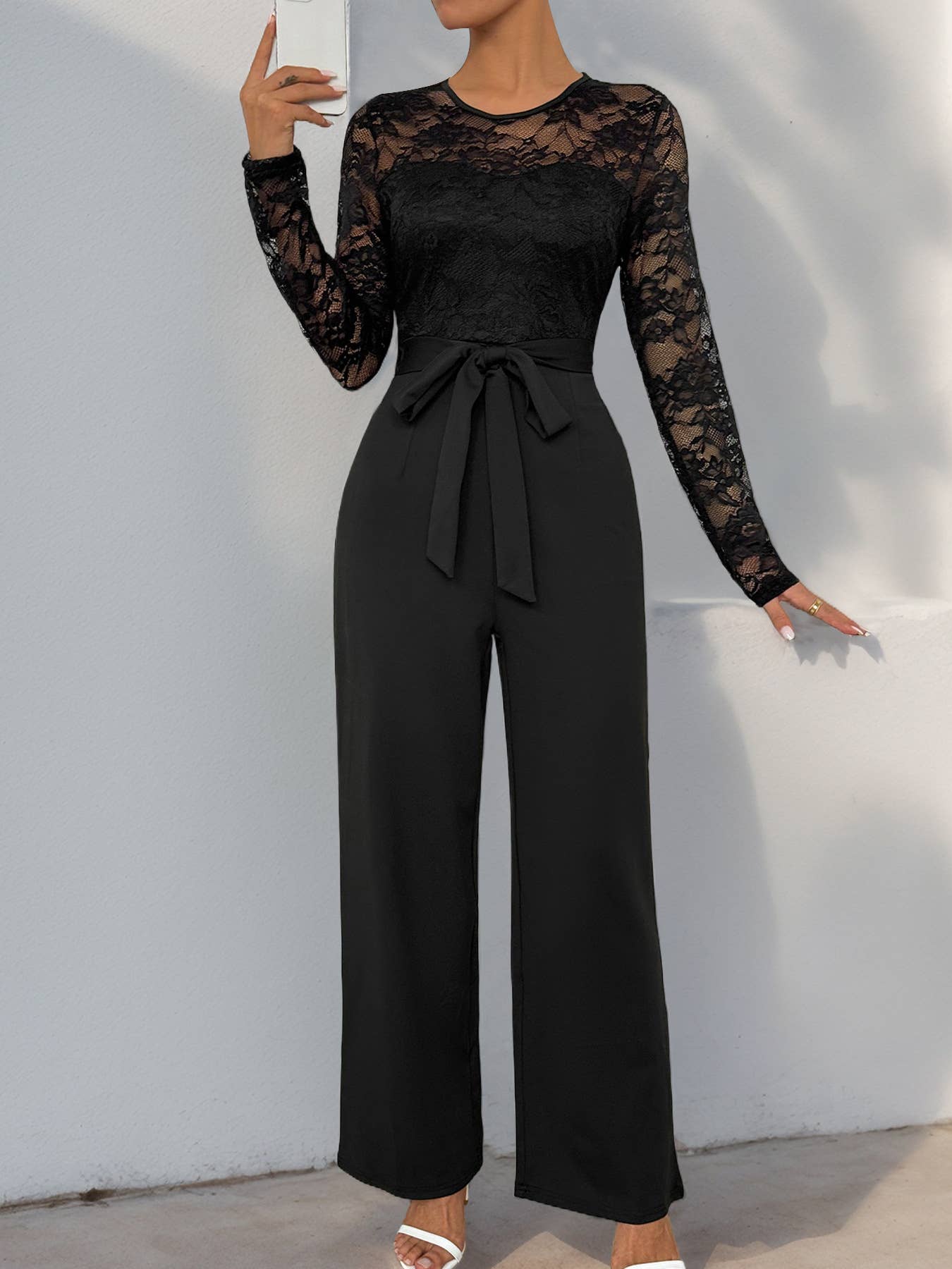 Solid Color Jumpsuit Lace Patchwork Zipper
