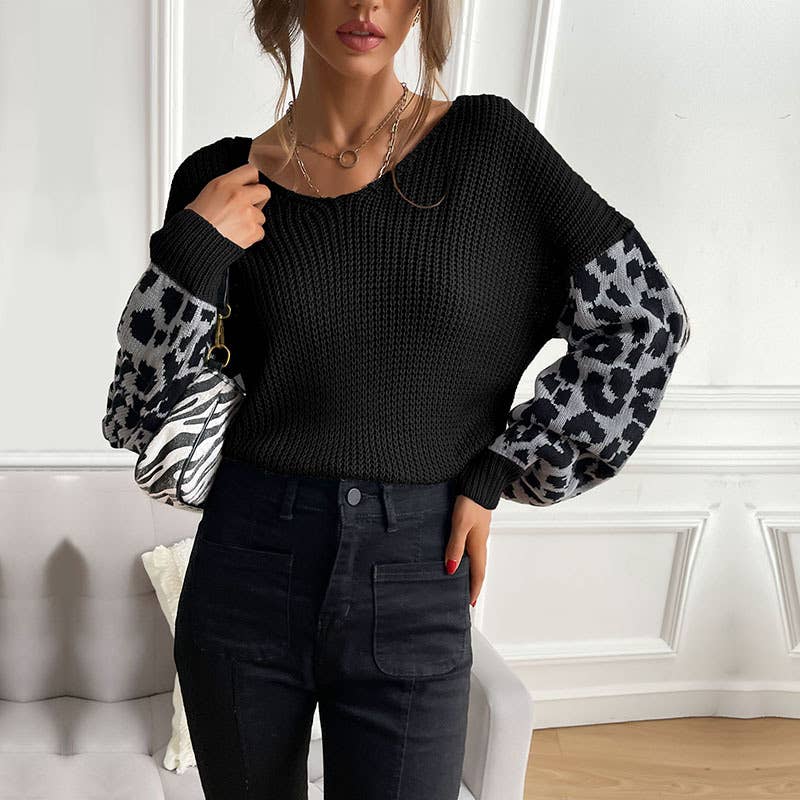 V-Neck Knit Leopard Print Patchwork Sweater