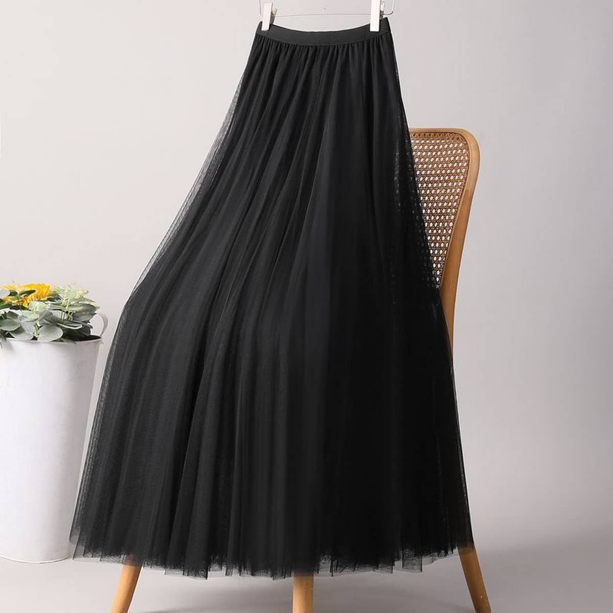 SOLID COLOR ELASTIC WAIST MESH TULLE A LINE SKIRT_CWBLS0372