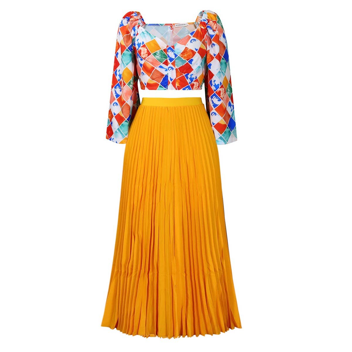 PRINTED TOP PLEATED LONG SKIRT TWO PIECE SUIT_CWSTB1137