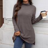 Solid-Color High-Neck Long-Sleeved Slit T-Shirt