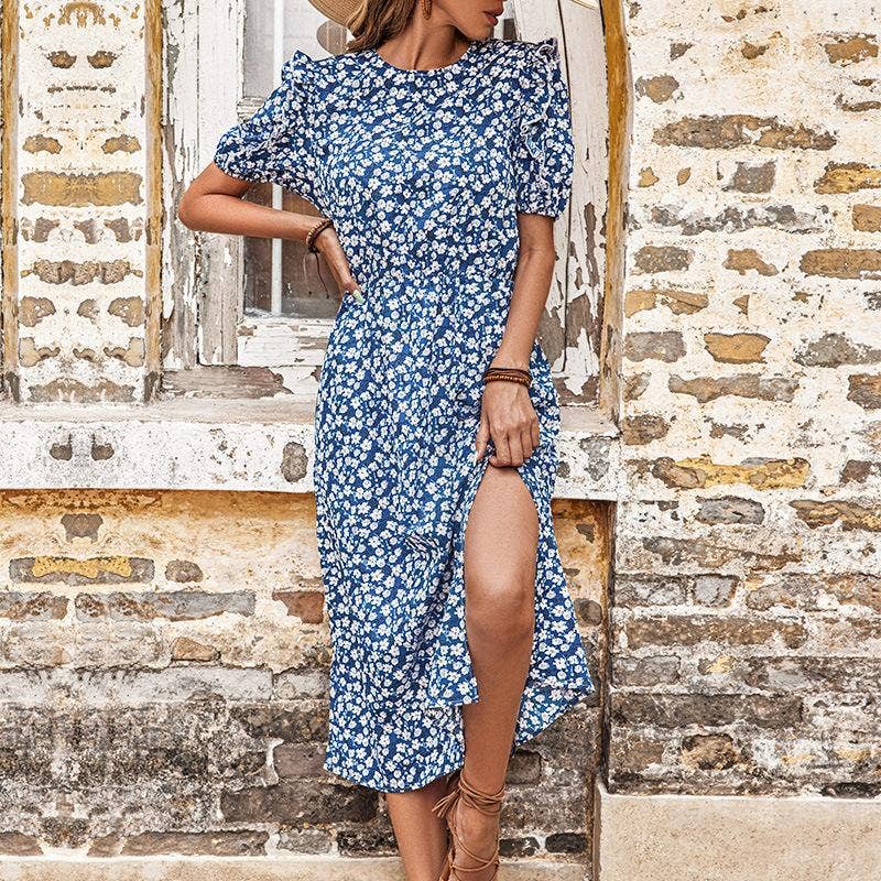Split-Split Floral Blue Dress